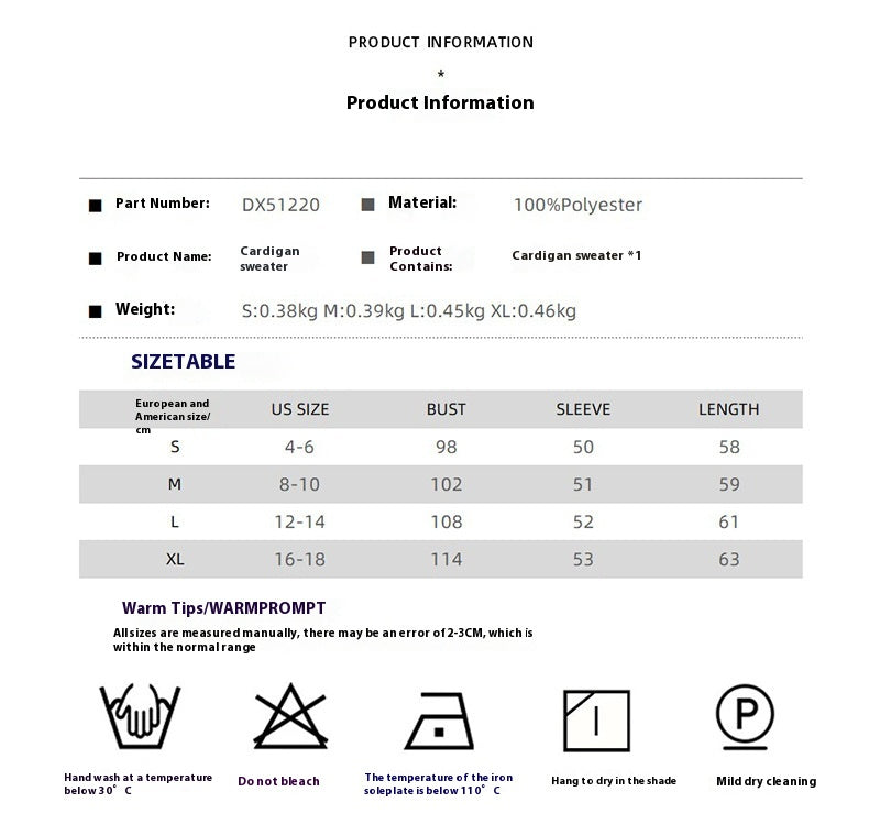 Cardigan elegante in maglia con scollo a V, S,M,L,XL