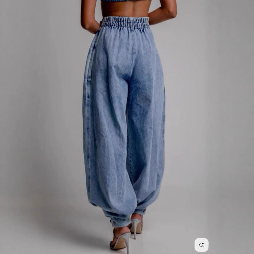 Jeans larghi a vita alta con cerniera e allacciatura alla caviglia , disponibile in varie colorazioni S,M,L,XL,2XL,3XL