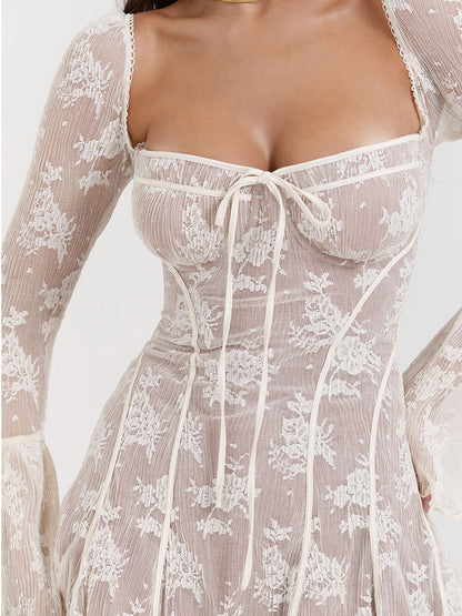 Abito con scollo quadrato in pizzo a maniche lunghe a zampa disponibile in varie colorazioni S,M,L,XL