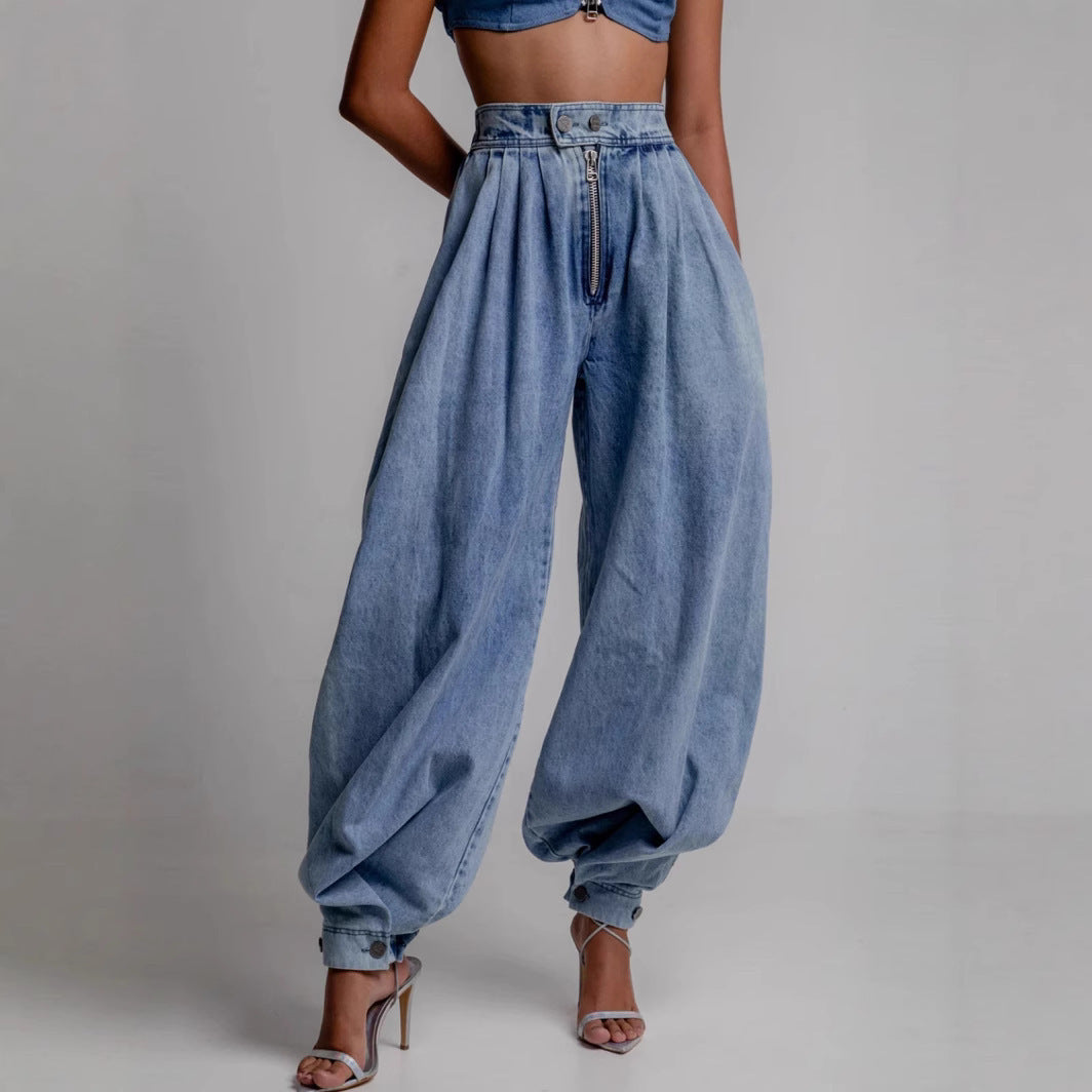 Jeans larghi a vita alta con cerniera e allacciatura alla caviglia , disponibile in varie colorazioni S,M,L,XL,2XL,3XL