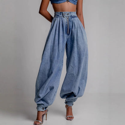 Jeans larghi a vita alta con cerniera e allacciatura alla caviglia , disponibile in varie colorazioni S,M,L,XL,2XL,3XL