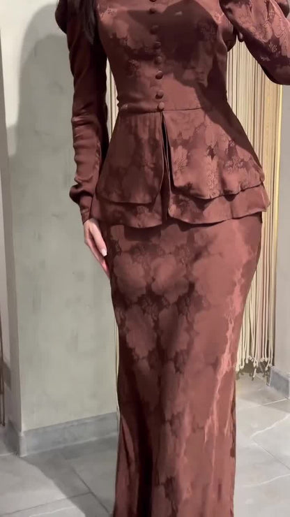 Elegante abito lungo aderente a maniche lunghe, stile retrò dai colori autunnali S,M,L,XL,2XL