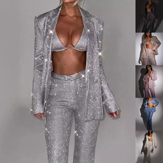 Completo da festa alla moda, 3 pezzi,con giacca e pantaloni a gamba dritta, a maniche lunghe e lucido, con reggiseno e risvolto.