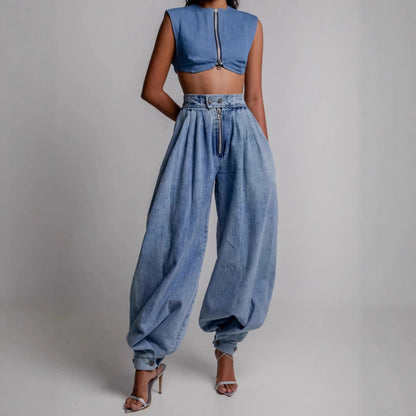 Jeans larghi a vita alta con cerniera e allacciatura alla caviglia , disponibile in varie colorazioni S,M,L,XL,2XL,3XL