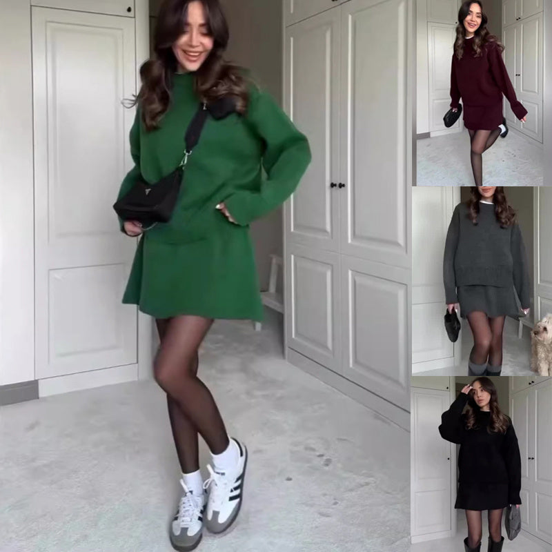 Set 2 pezzi da donna,  maglione e gonna,  pullover a maniche lunghe elegante, mini gonna  a vita alta in tinta unita.