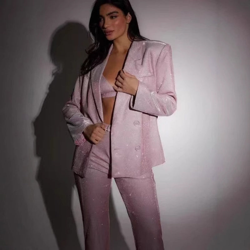 Completo da festa alla moda, 3 pezzi,con giacca e pantaloni a gamba dritta, a maniche lunghe e lucido, con reggiseno e risvolto.