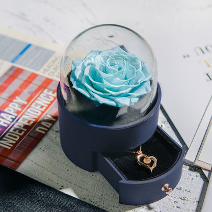 Bigiotteria- Portagioie rotondo con rosa stabilizzata e collana , ottima idea regalo