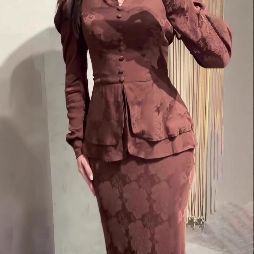 Elegante abito lungo aderente a maniche lunghe, stile retrò dai colori autunnali S,M,L,XL,2XL