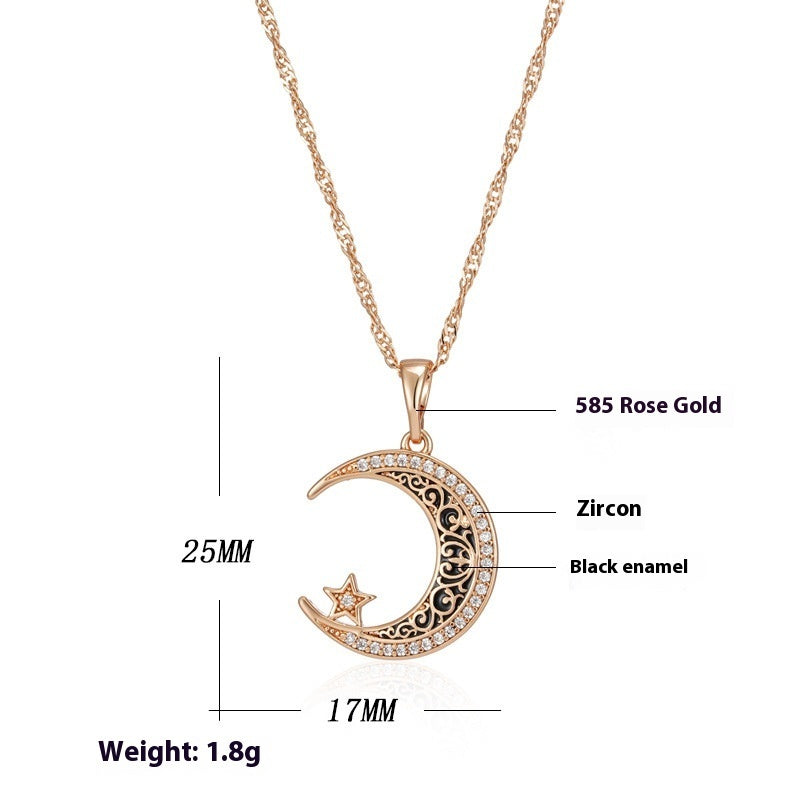 Bigiotteria- collana  oro rosa con stella e luna, in zircone smaltato