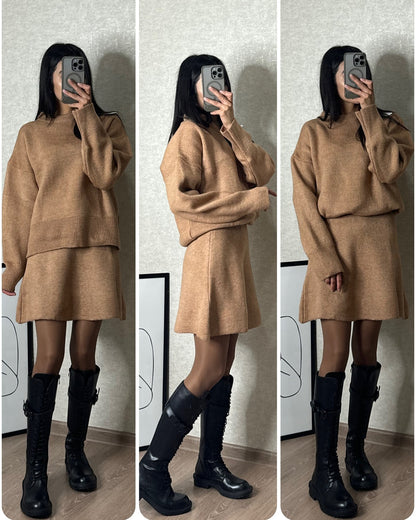 Set 2 pezzi da donna,  maglione e gonna,  pullover a maniche lunghe elegante, mini gonna  a vita alta in tinta unita.
