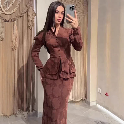 Elegante abito lungo aderente a maniche lunghe, stile retrò dai colori autunnali S,M,L,XL,2XL