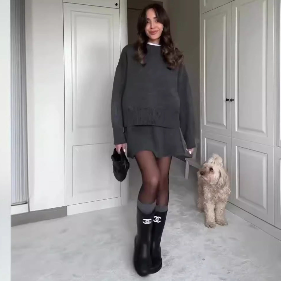 Set 2 pezzi da donna,  maglione e gonna,  pullover a maniche lunghe elegante, mini gonna  a vita alta in tinta unita.