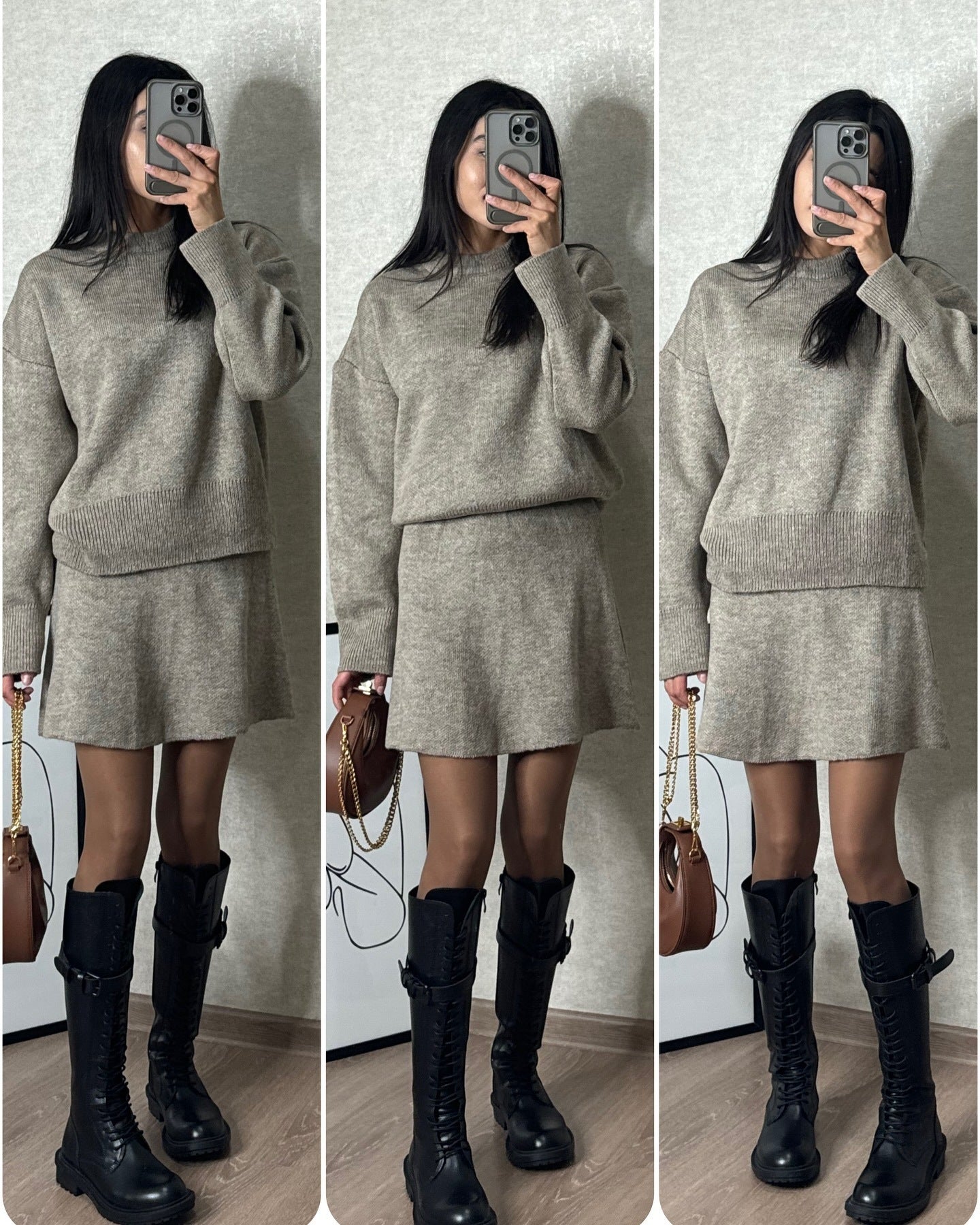 Set 2 pezzi da donna,  maglione e gonna,  pullover a maniche lunghe elegante, mini gonna  a vita alta in tinta unita.