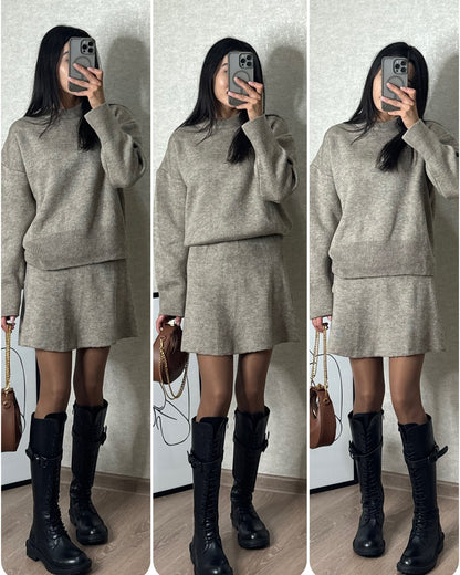 Set 2 pezzi da donna,  maglione e gonna,  pullover a maniche lunghe elegante, mini gonna  a vita alta in tinta unita.