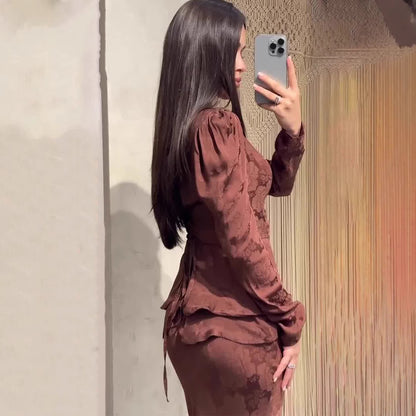 Elegante abito lungo aderente a maniche lunghe, stile retrò dai colori autunnali S,M,L,XL,2XL