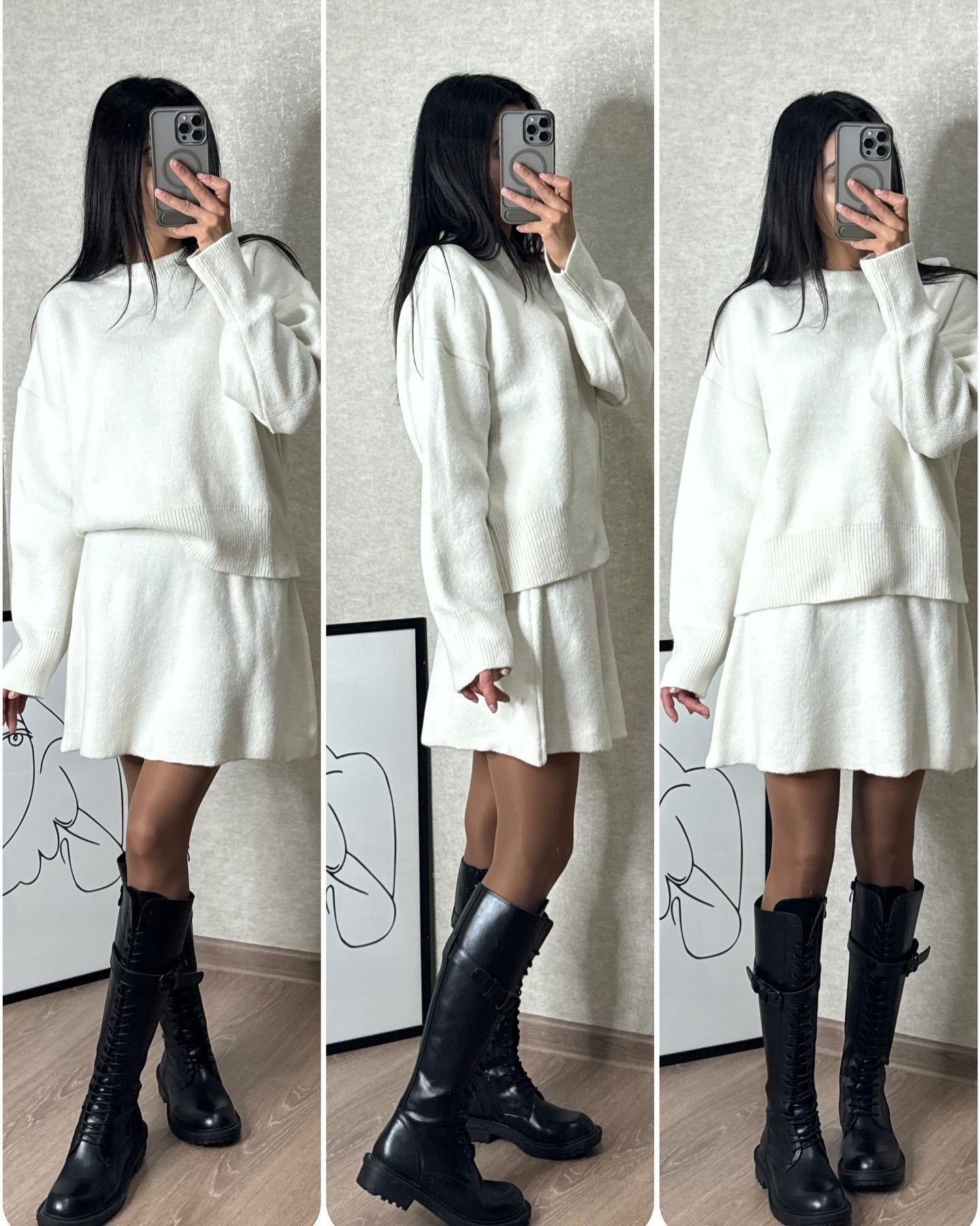 Set 2 pezzi da donna,  maglione e gonna,  pullover a maniche lunghe elegante, mini gonna  a vita alta in tinta unita.
