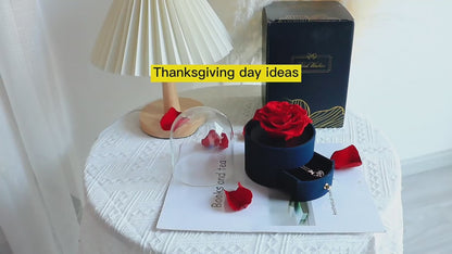 Bigiotteria- Portagioie rotondo con rosa stabilizzata e collana , ottima idea regalo